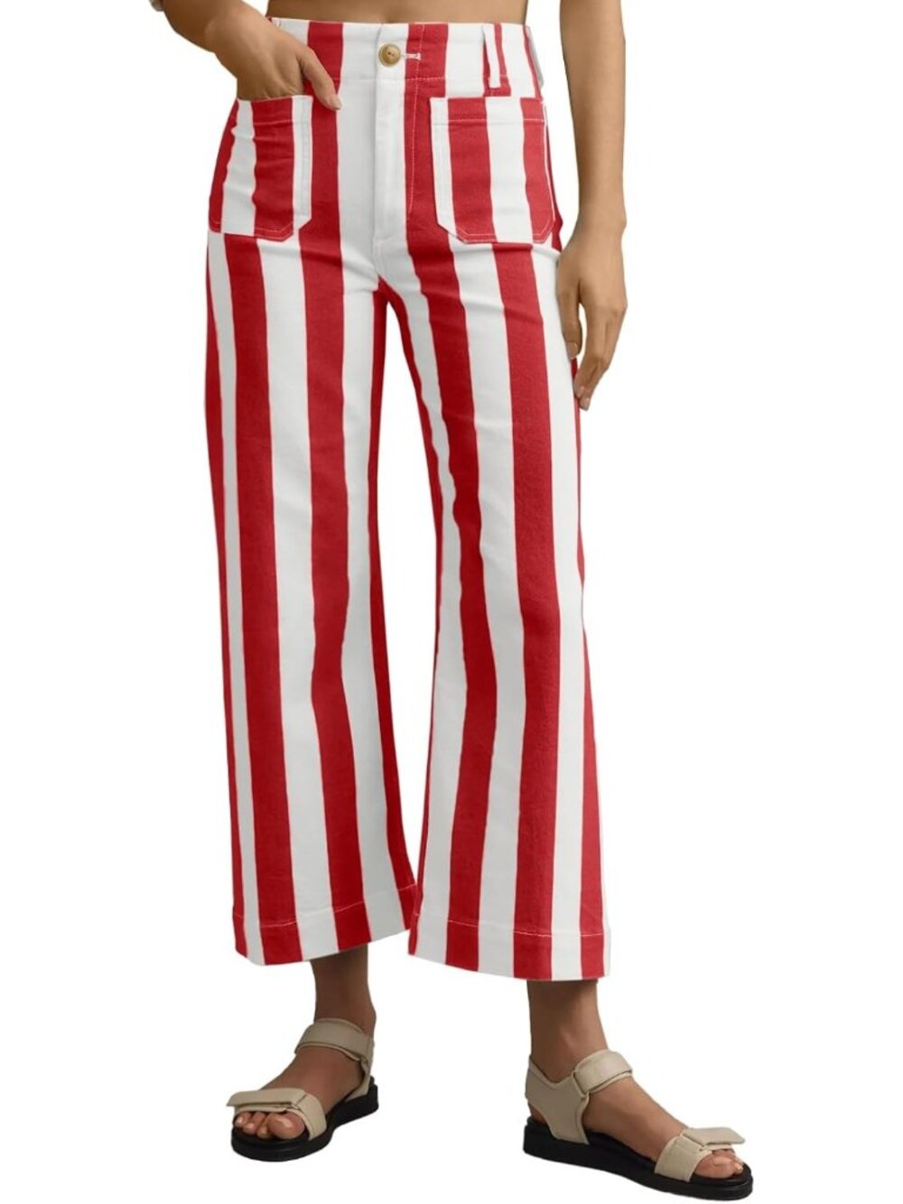 Women's Red Cropped Striped Jeans High Waisted Wide Leg Denim Pants